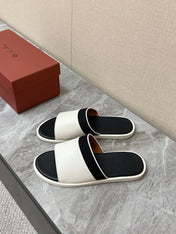 LP 26S SLIDES SANDAL IN WHITE CALFSKIN AND BLACK CANVAS