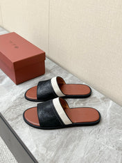 LP 26S SLIDES SANDAL IN BLACK GRAINED CALFSKIN AND IVORY WHITE CANVAS