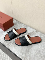 LP 26S SLIDES SANDAL IN BLACK GRAINED CALFSKIN AND IVORY WHITE CANVAS