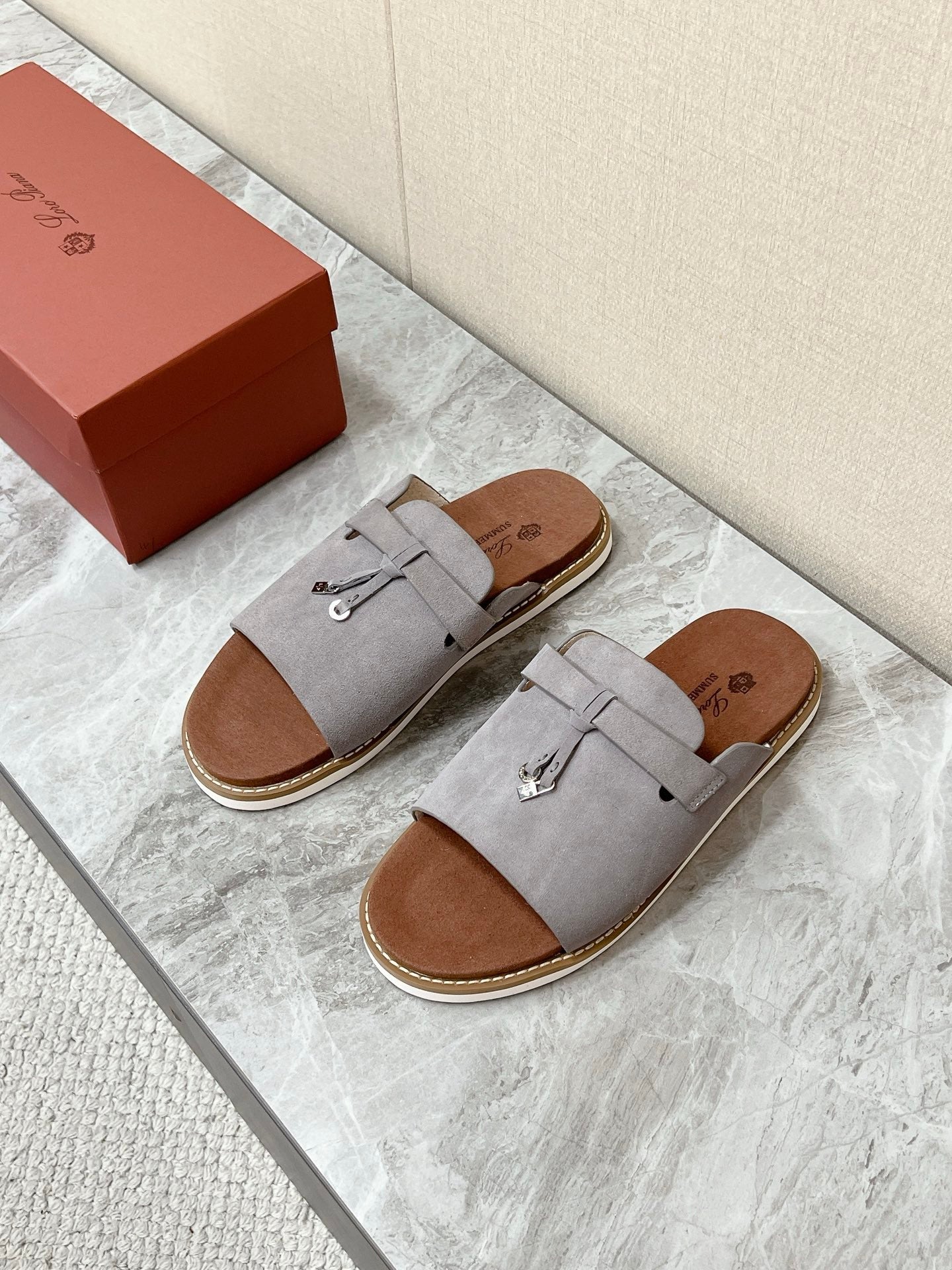 LP 26S LOCK CHARM SLIDES IN GREY SUEDE SILVER HARDWARE
