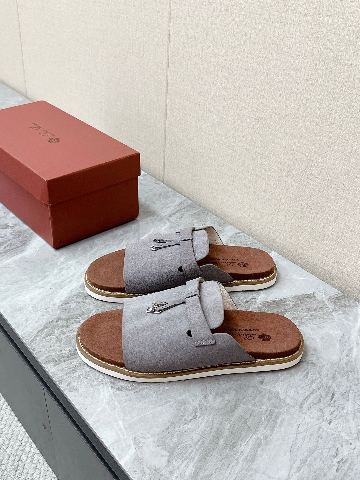 LP 26S LOCK CHARM SLIDES IN GREY SUEDE SILVER HARDWARE