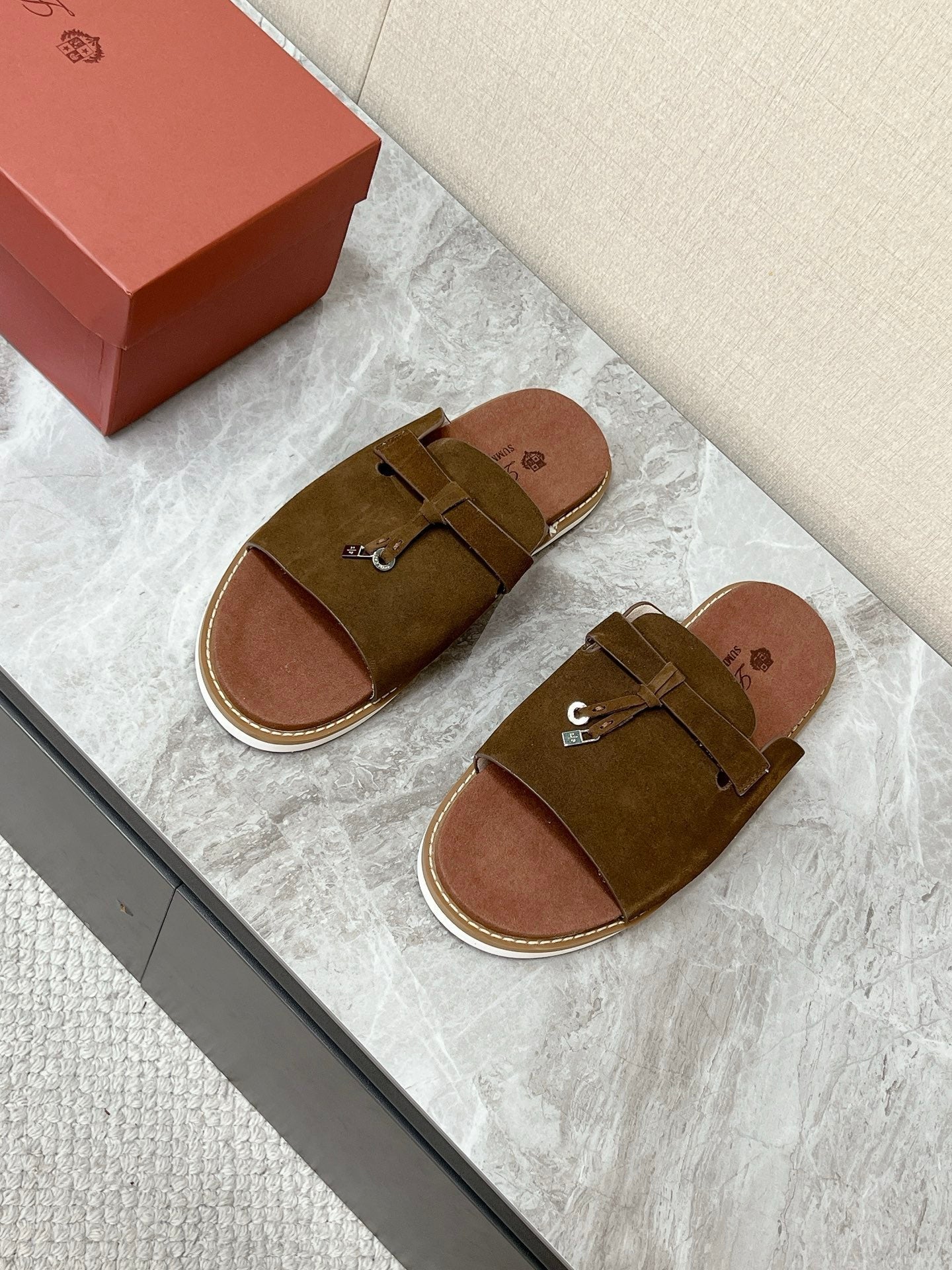 LP 26S LOCK CHARM SLIDES IN DARK BROWN SUEDE SILVER HARDWARE