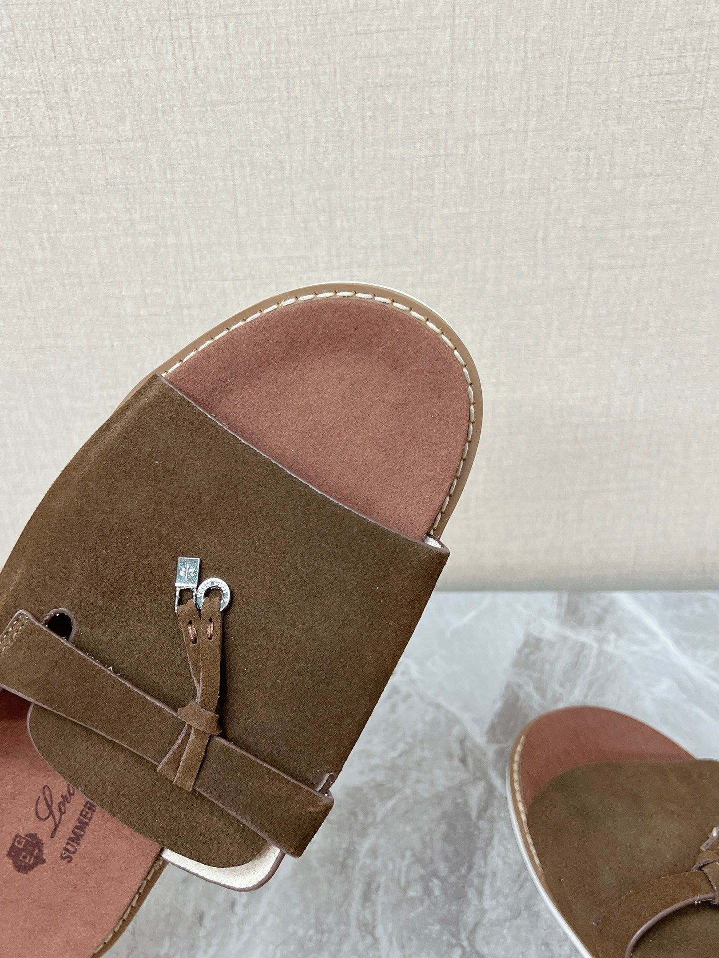 LP 26S LOCK CHARM SLIDES IN DARK BROWN SUEDE SILVER HARDWARE