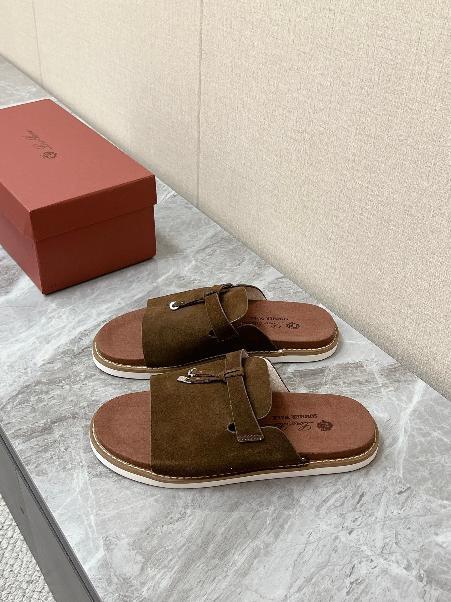 LP 26S LOCK CHARM SLIDES IN DARK BROWN SUEDE SILVER HARDWARE