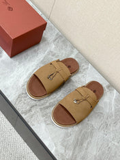 LP 26S LOCK CHARM SLIDES IN OLIVE BROWN SUEDE SILVER HARDWARE