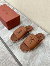 LP 26S LOCK CHARM SLIDES IN CARAMEL BROWN CALFSKIN SILVER HARDWARE