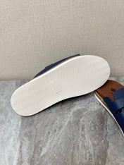 LP 26S LOCK CHARM SLIDES IN NAVY BLUE CALFSKIN SILVER HARDWARE