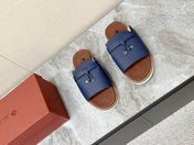 LP 26S LOCK CHARM SLIDES IN NAVY BLUE CALFSKIN SILVER HARDWARE