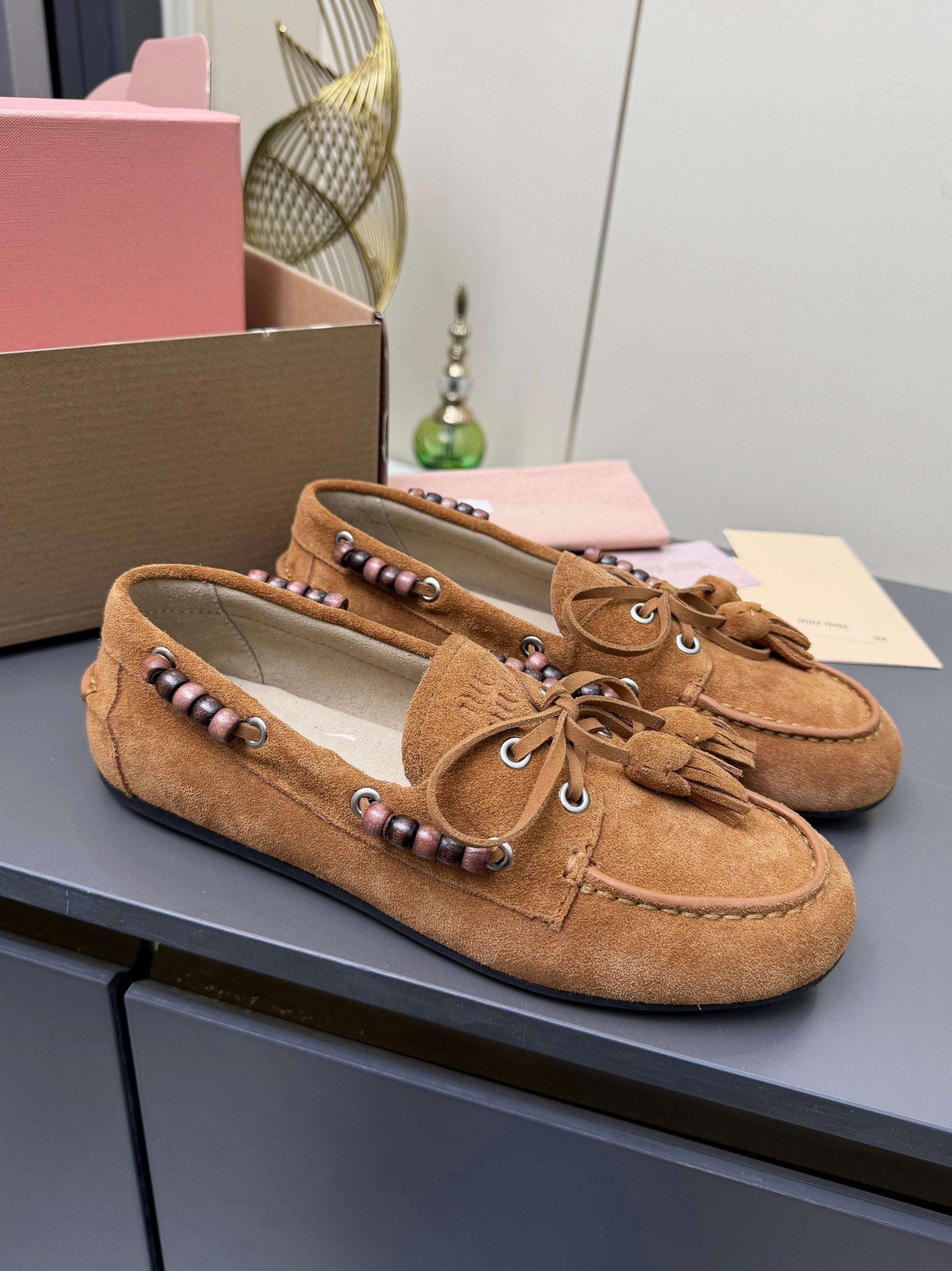 MIUMIU 26S TASSEL LOAFERS IN CARAMEL BROWN SUEDE BEADED TRIM