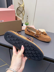 MIUMIU 26S TASSEL LOAFERS IN CARAMEL BROWN SUEDE BEADED TRIM