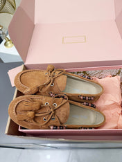 MIUMIU 26S TASSEL LOAFERS IN CARAMEL BROWN SUEDE BEADED TRIM