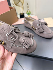 MIUMIU 26S TASSEL LOAFERS IN TAUPE BROWN SUEDE BEADED TRIM