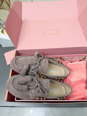 MIUMIU 26S TASSEL LOAFERS IN TAUPE BROWN SUEDE BEADED TRIM