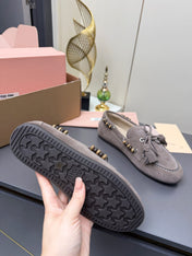 MIUMIU 26S TASSEL LOAFERS IN TAUPE BROWN SUEDE BEADED TRIM