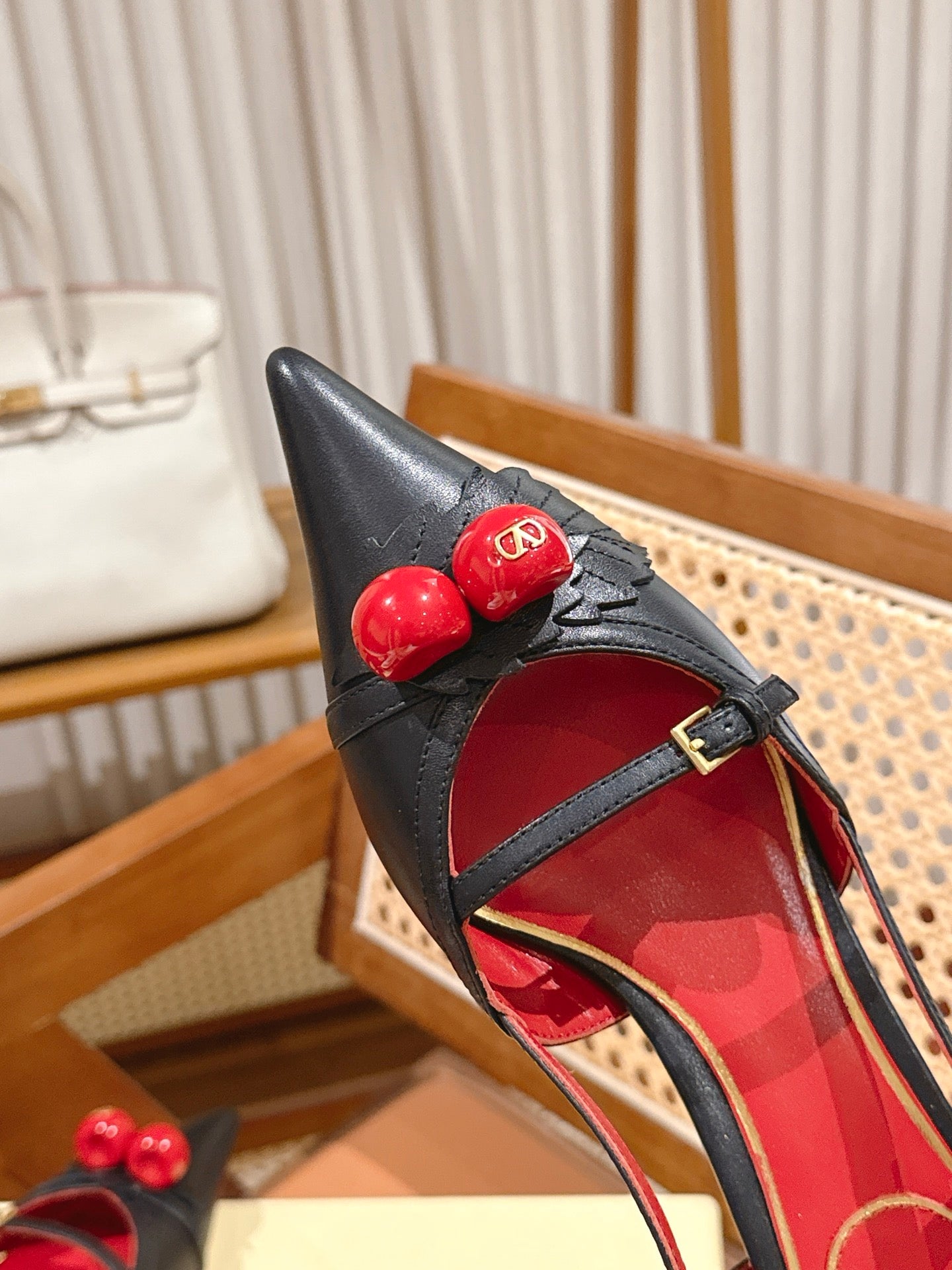 VALENTINO 26S SLINGBACKS 45 MM IN BLACK CALFSKIN CHERRY DETAILS