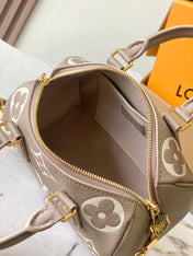 SPEEDY BANDOULIÈRE 20 IN TAUPE BROWN AND WHITE MONOGRAM EMPREINTE LEATHER