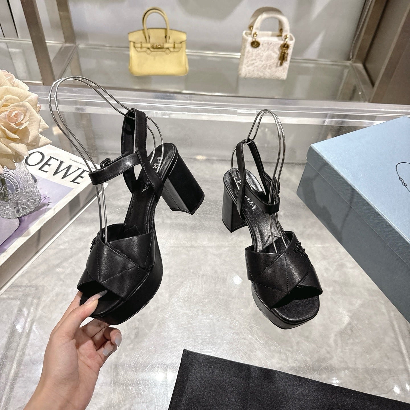 PRADA 25S HIGH-HEEL SANDALS 85 MM IN BLACK LAMBSKIN