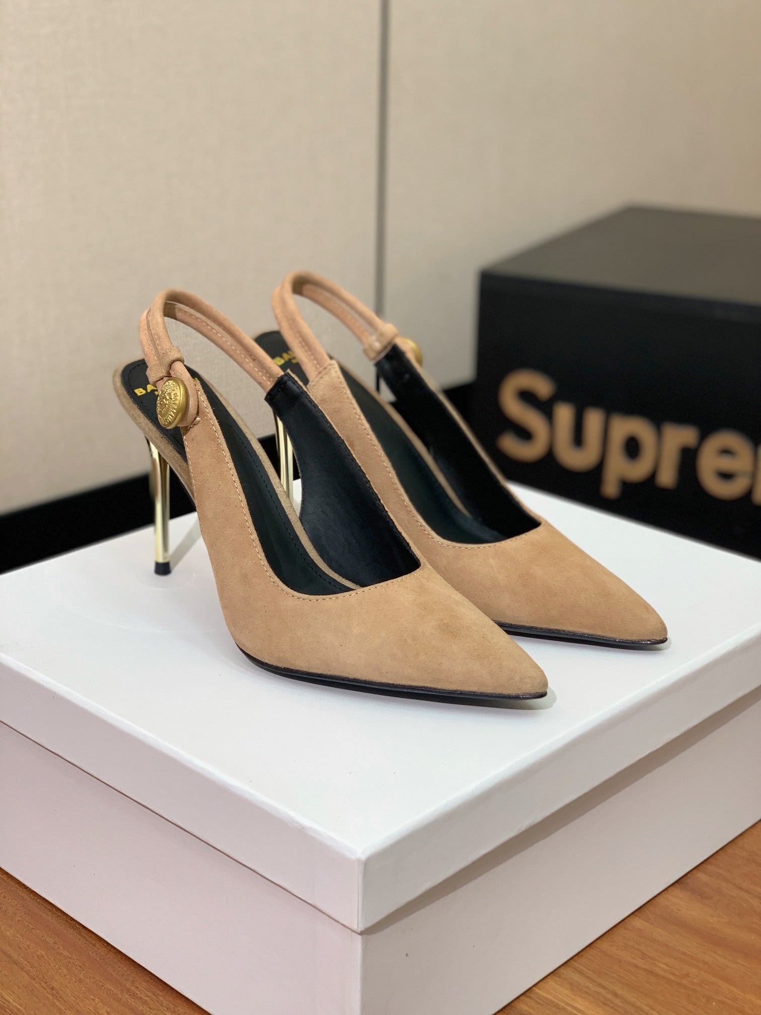BALMAIN 26S SLINGBACK 95 MM IN LIGHT BROWN SUEDE