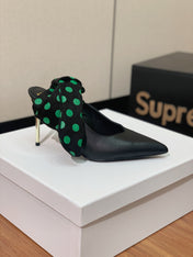 BALMAIN 25S BAKARI MULE WITH GREEN POLKA DOTS ON BLACK STRAP 95MM IN BLACK CALFSKIN