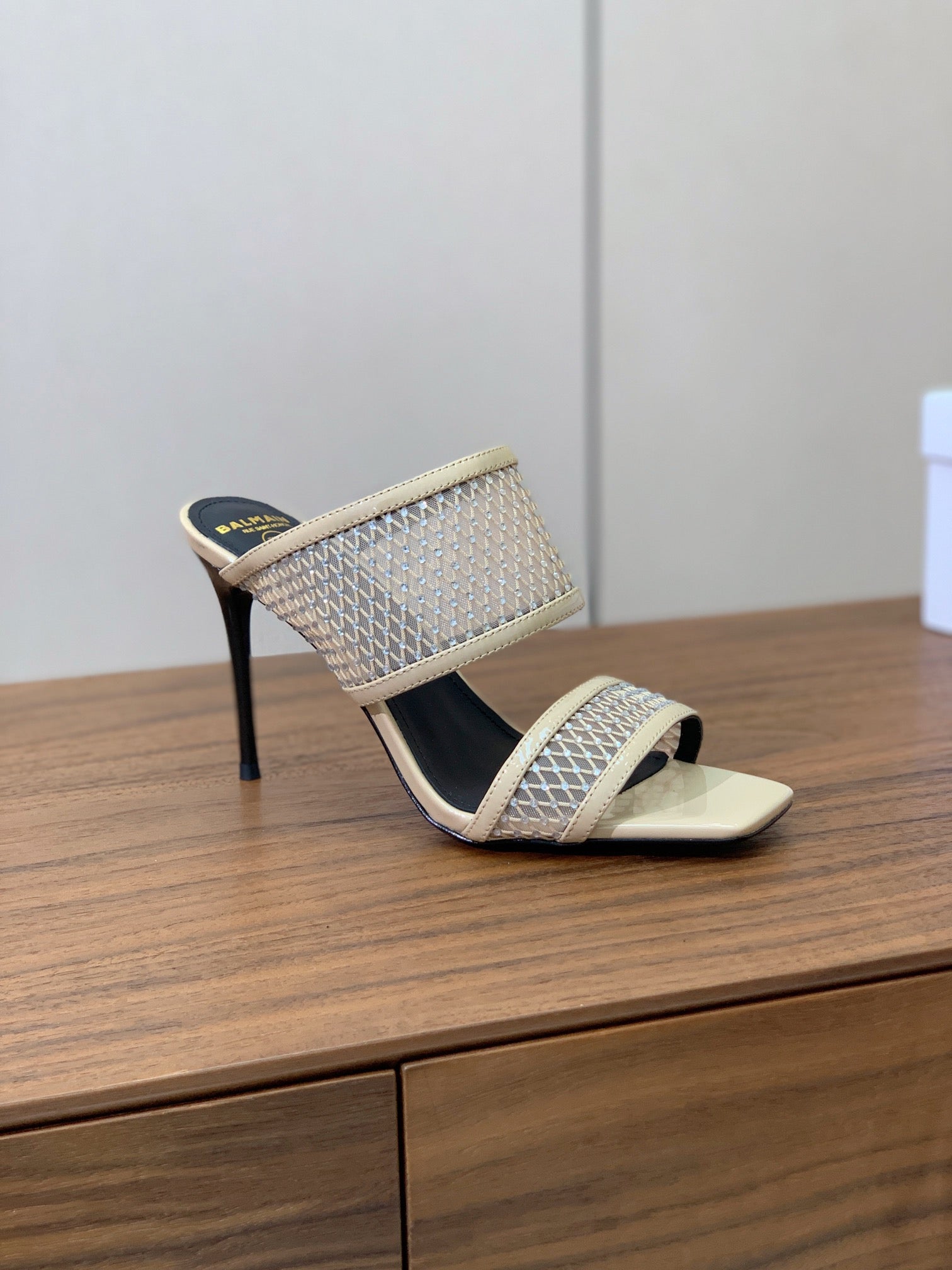 BALMAIN 26S HEEL SANDALS 95 MM IN BEIGE MESH FABRIC WITH CRYSTAL EMBELLISHMENT