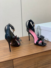 BALMAIN 25S RUBY BLACK HEELED SANDALS 95MM IN PATENT CALFSKIN