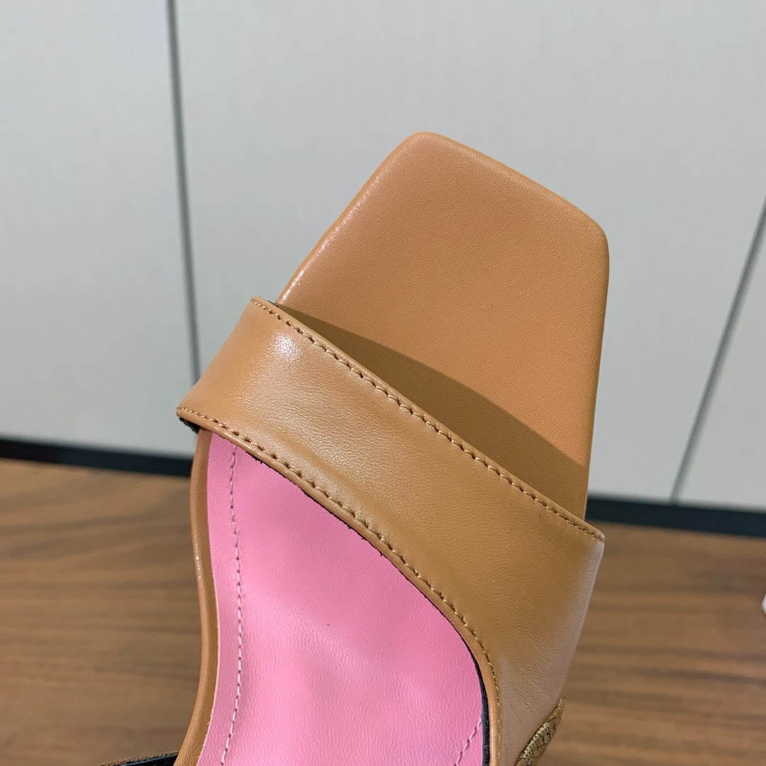 BALMAIN 25S JACQUARD KNIT SLINGBACK PUMPS 95MM IN BROWN AND PINK CALFSKIN