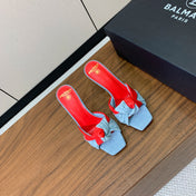 BALMAIN 25S HIGH HEEL MULES 95MM IN BRIGHT RED DENIM AND CALFSKIN