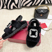 VIV' WINTER FUR STRASS BUCKLE SANDALS IN BLACK SHEEPSKIN
