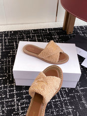 CELINE 26S TRIOMPHE FLAT SLIDES IN PEACH BEIGE WOOL