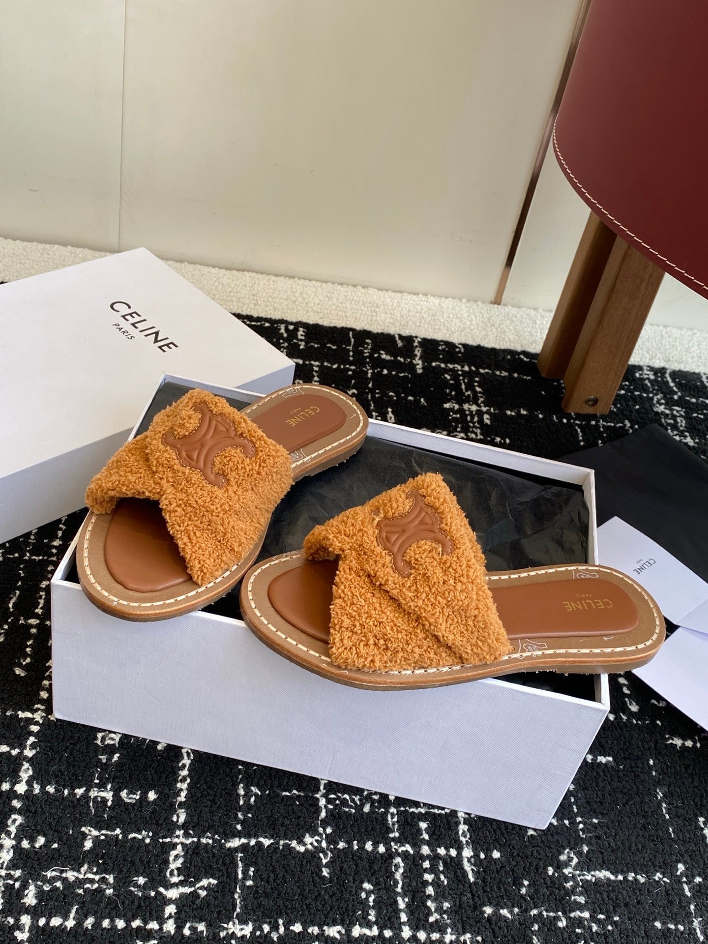 CELINE 26S TRIOMPHE FLAT SLIDES IN BROWN WOOL