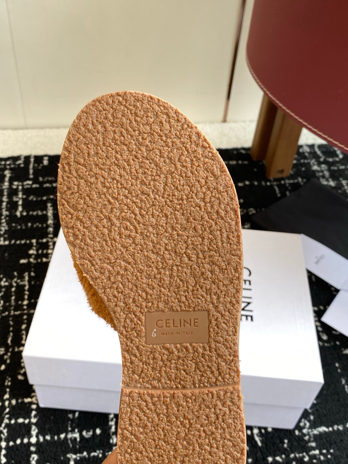 CELINE 26S TRIOMPHE FLAT SLIDES IN BROWN WOOL