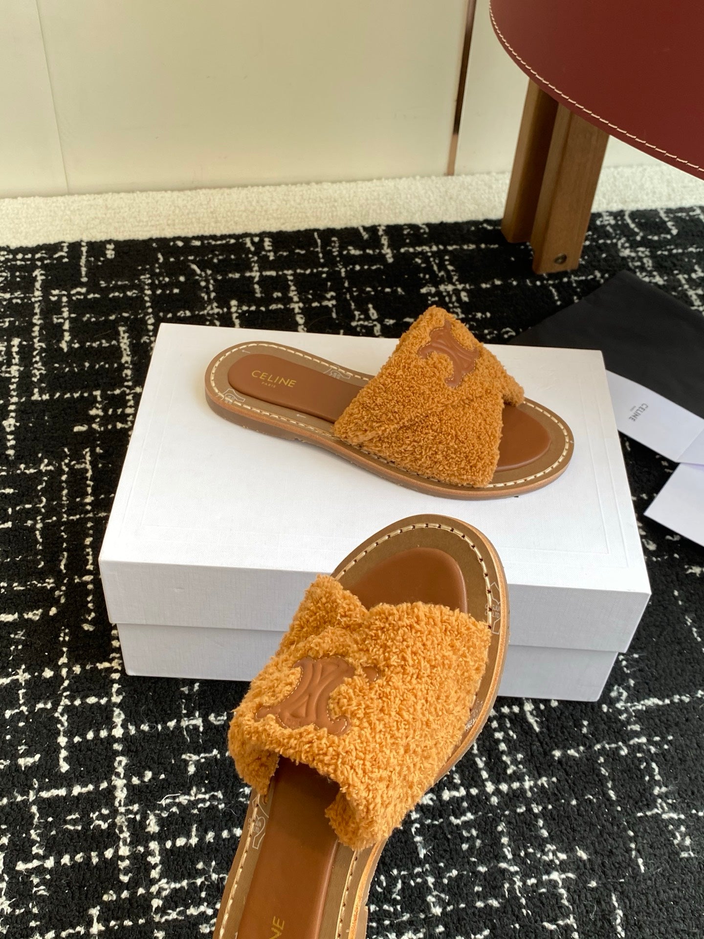 CELINE 26S TRIOMPHE FLAT SLIDES IN BROWN WOOL