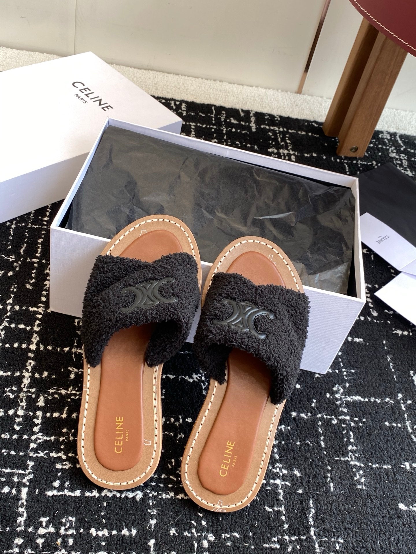 CELINE 26S TRIOMPHE FLAT SLIDES IN BLACK WOOL