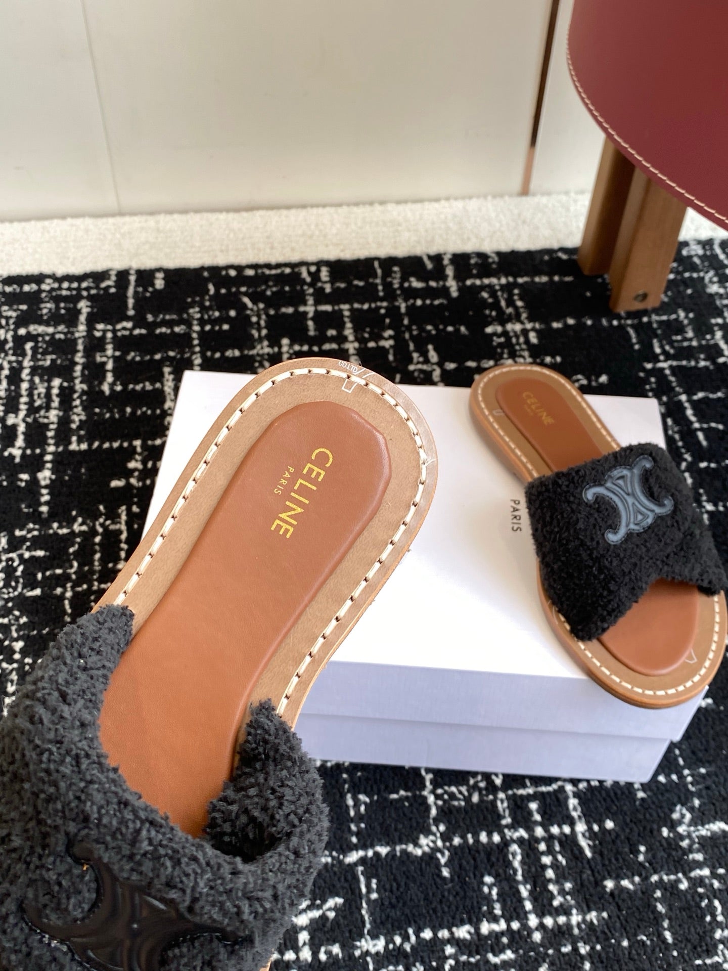 CELINE 26S TRIOMPHE FLAT SLIDES IN BLACK WOOL