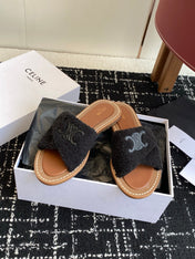 CELINE 26S TRIOMPHE FLAT SLIDES IN BLACK WOOL