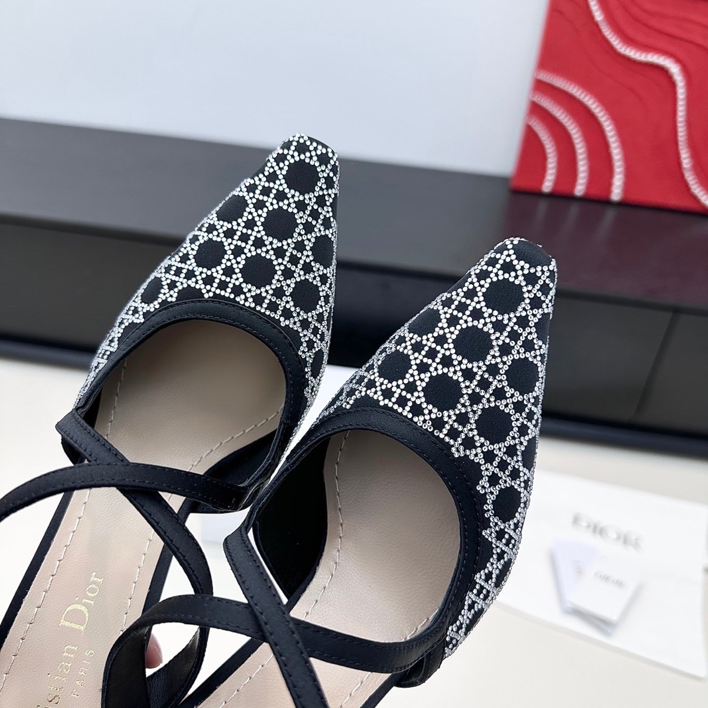DIOR 26S SLINGBACK PUMP 100MM IN BLACK SATIN WITH SILVER STRASS CANNAGE MOTIF