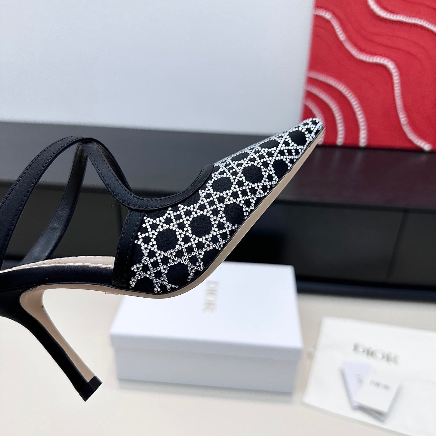 DIOR 26S SLINGBACK PUMP 100MM IN BLACK SATIN WITH SILVER STRASS CANNAGE MOTIF