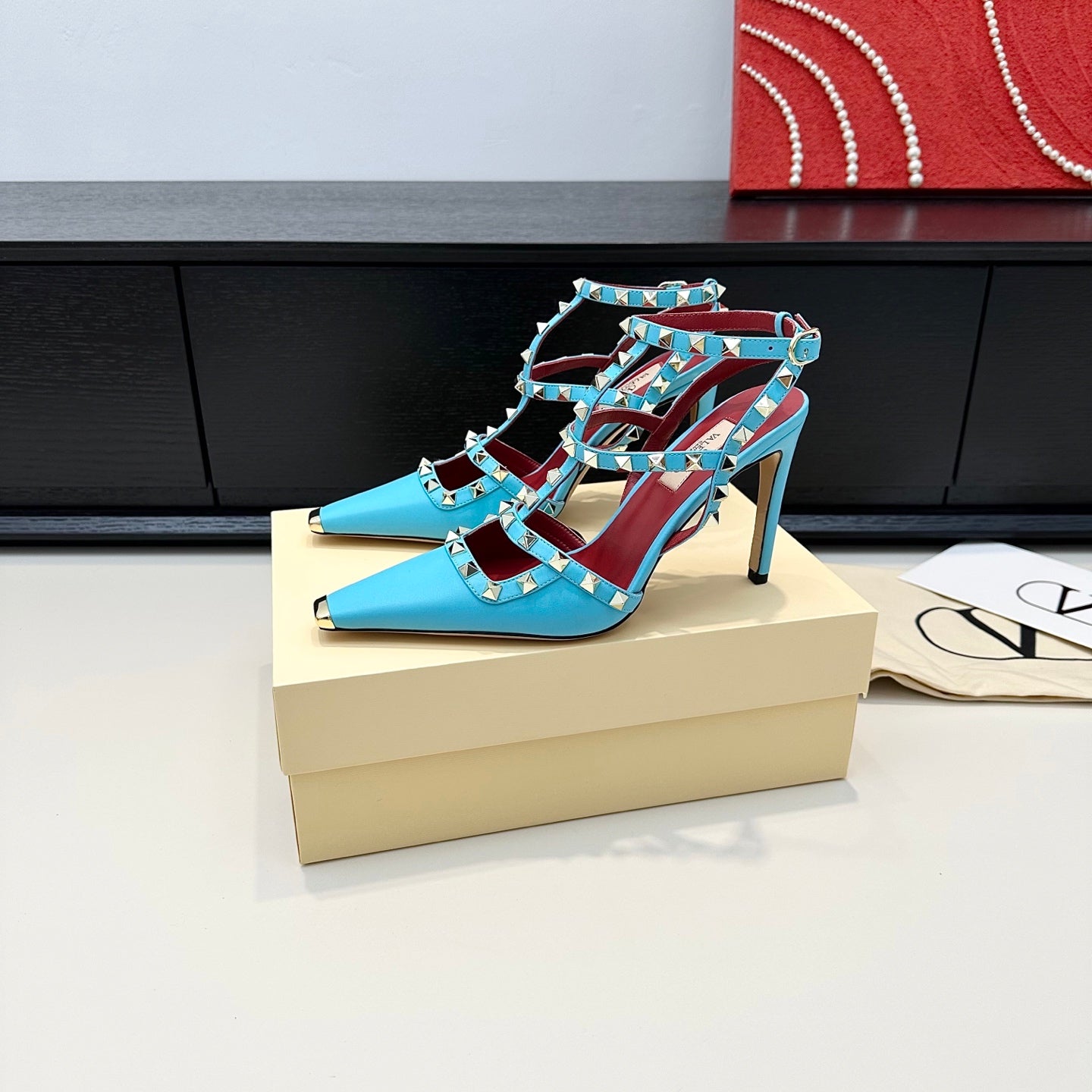 VALENTINO 26S ROCKSTUD SLINGBACK PUMPS 100 MM IN BLUE CALFSKIN