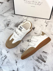 RETRO SNEAKERS WITH RIPTAPE STRAPS IN WHITE LAMBSKIN MIX PEANUT SUEDE