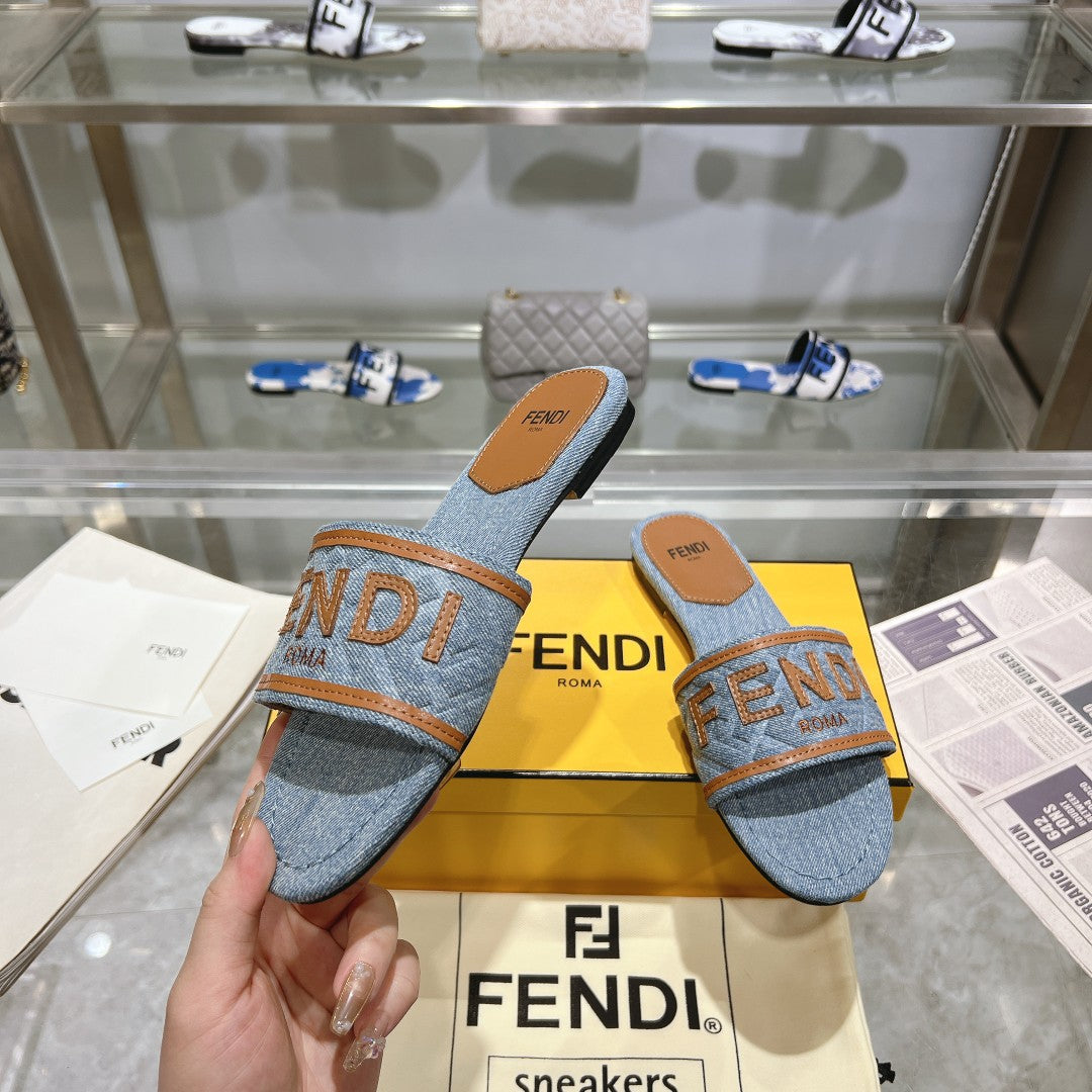 FF Women Signature Slides Tan Denim Canvas Slide