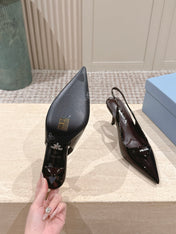 PRADA 26S POINTED-TOE SLINGBACK HEELS 75MM IN DARK BROWN PATENT CALFSKIN