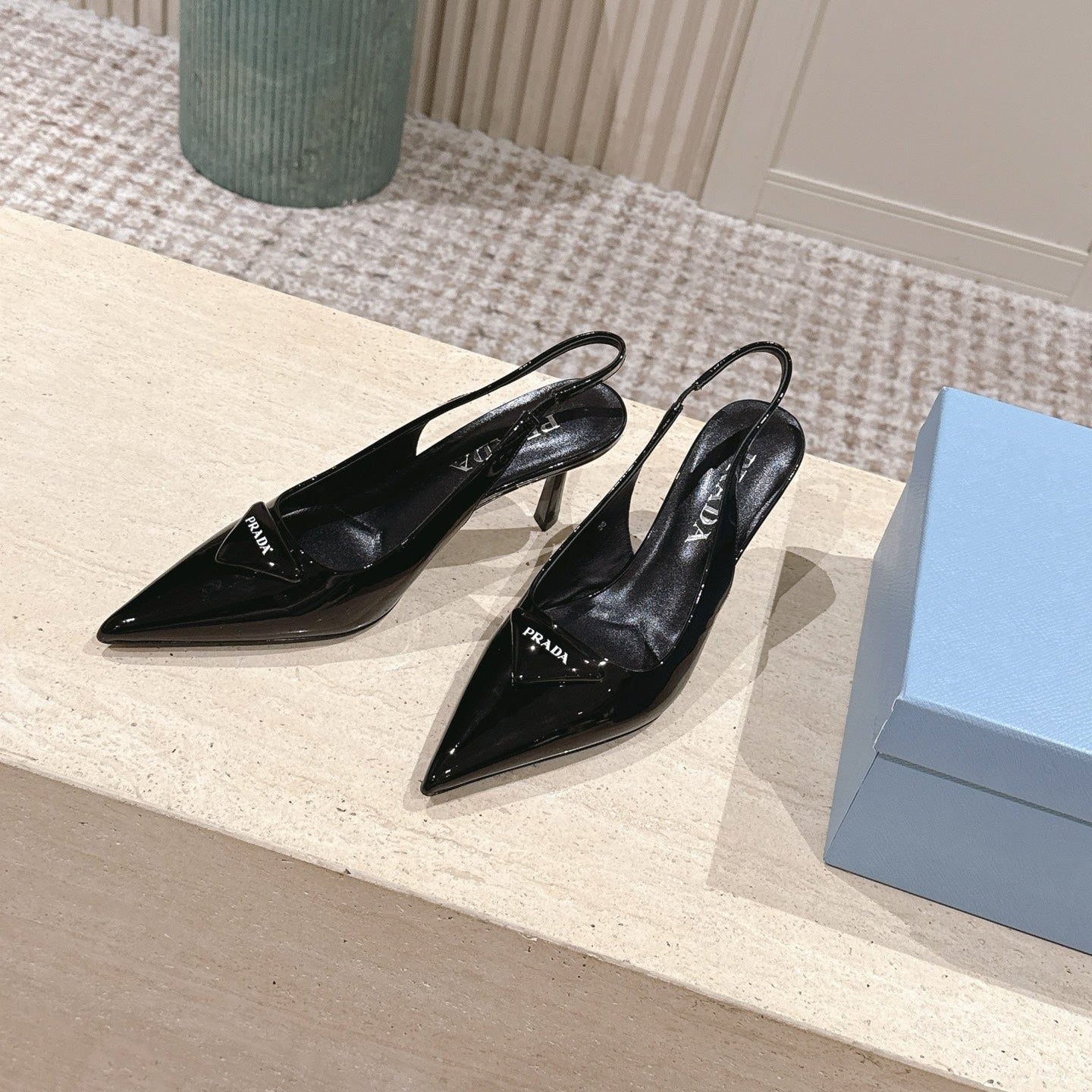 PRADA 26S POINTED-TOE SLINGBACK HEELS 75MM IN BLACK PATENT CALFSKIN