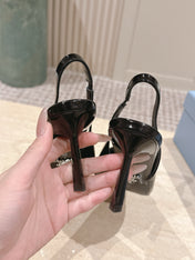 PRADA 26S POINTED-TOE SLINGBACK HEELS 75MM IN BLACK PATENT CALFSKIN
