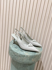 PRADA 26S POINTED-TOE SLINGBACK HEELS 75MM IN SOFT GRAY SHINY CALFSKIN