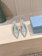 PRADA 26S POINTED-TOE SLINGBACK HEELS 75MM IN SOFT GRAY SHINY CALFSKIN