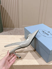 PRADA 26S POINTED-TOE SLINGBACK HEELS 75MM IN SOFT GRAY SHINY CALFSKIN
