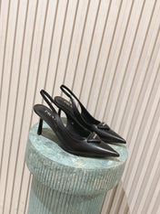 PRADA 26S POINTED-TOE SLINGBACK HEELS 75MM IN BLACK SHINY CALFSKIN
