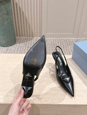 PRADA 26S POINTED-TOE SLINGBACK HEELS 75MM IN BLACK SHINY CALFSKIN