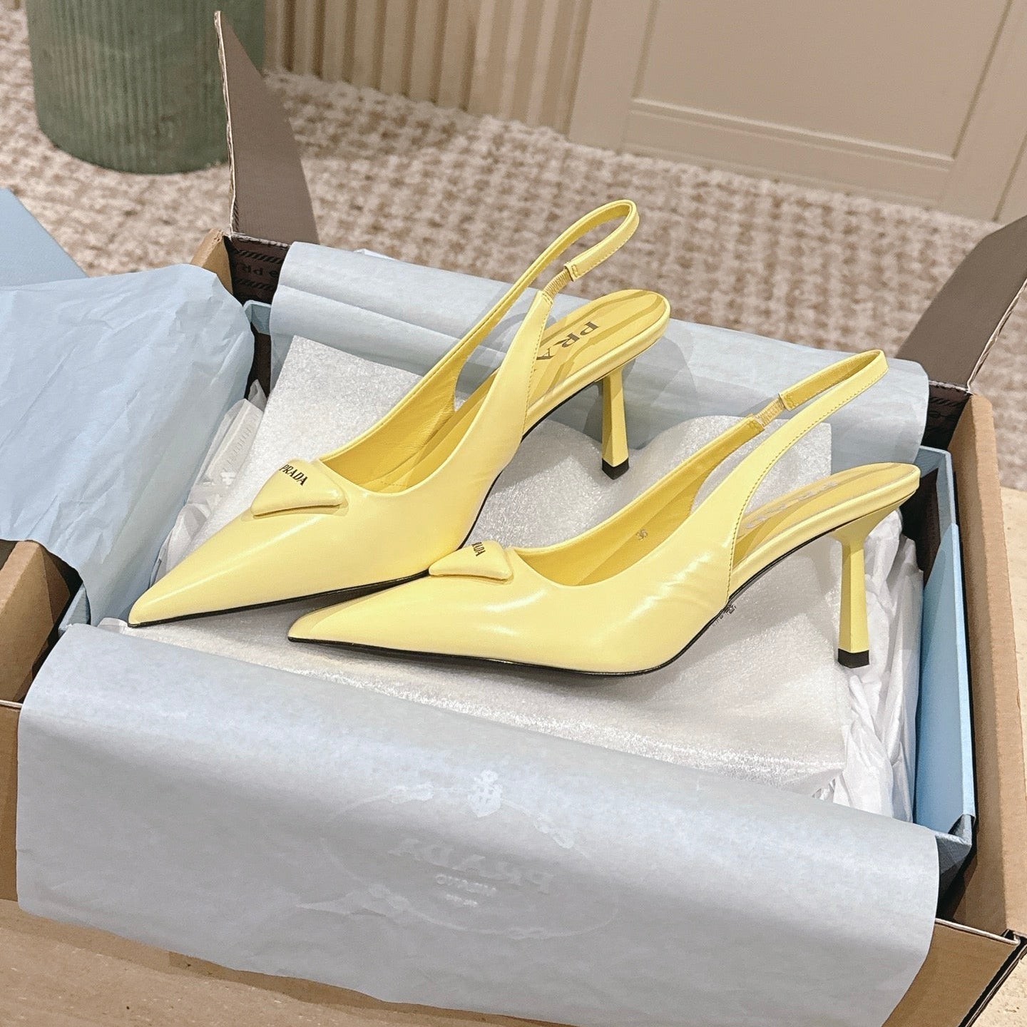 PRADA 26S POINTED-TOE SLINGBACK HEELS 75MM IN PASTEL YELLOW SHINY CALFSKIN