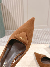 PRADA 26S POINTED-TOE SLINGBACK HEELS 75MM IN CARAMEL BROWN SUEDE WITH LOGO